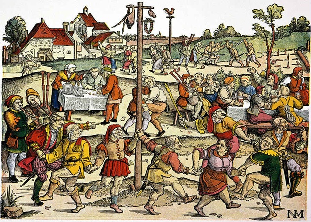 a group of medieval people enjoying a festival in a painting