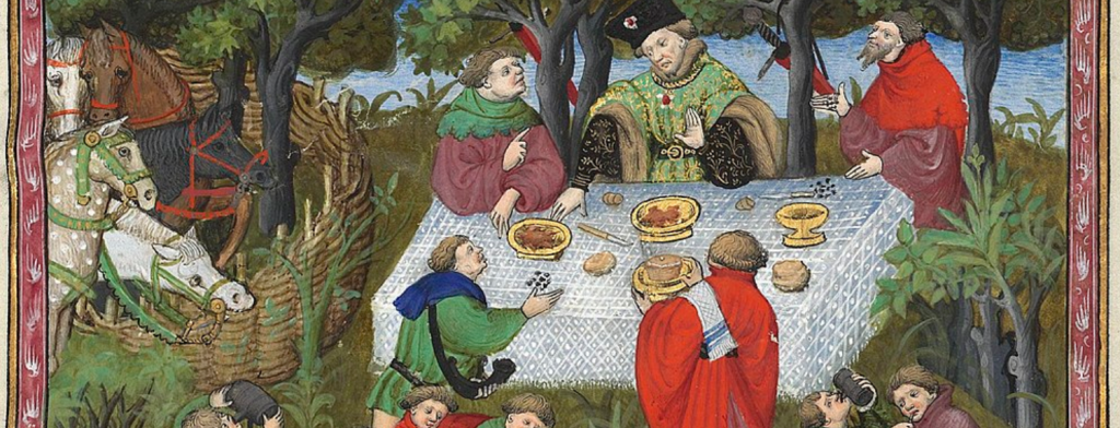 medieval ords and their households having a picnic feast while their tethered horses watch from the treeline